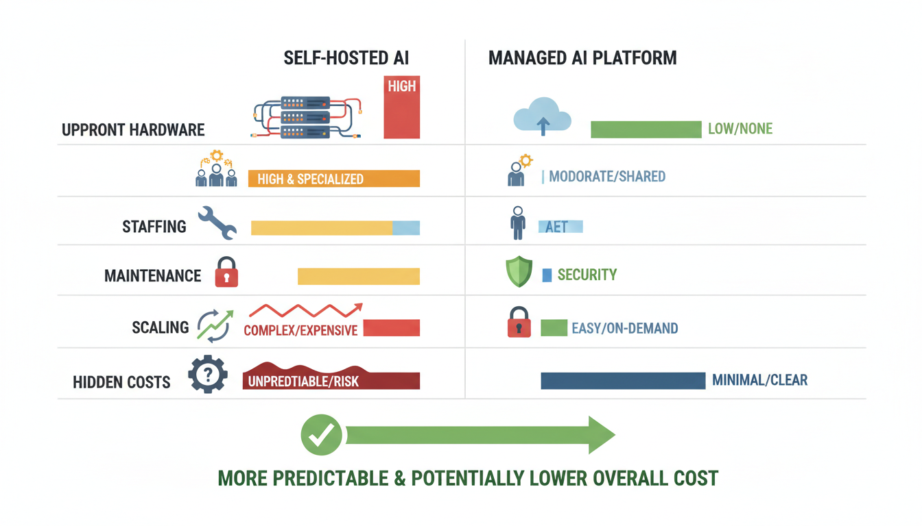 Infographic comparing the total cost of ownership for self-hosting AI workloads versus using a managed AI platform, highlighting savings in various categories.