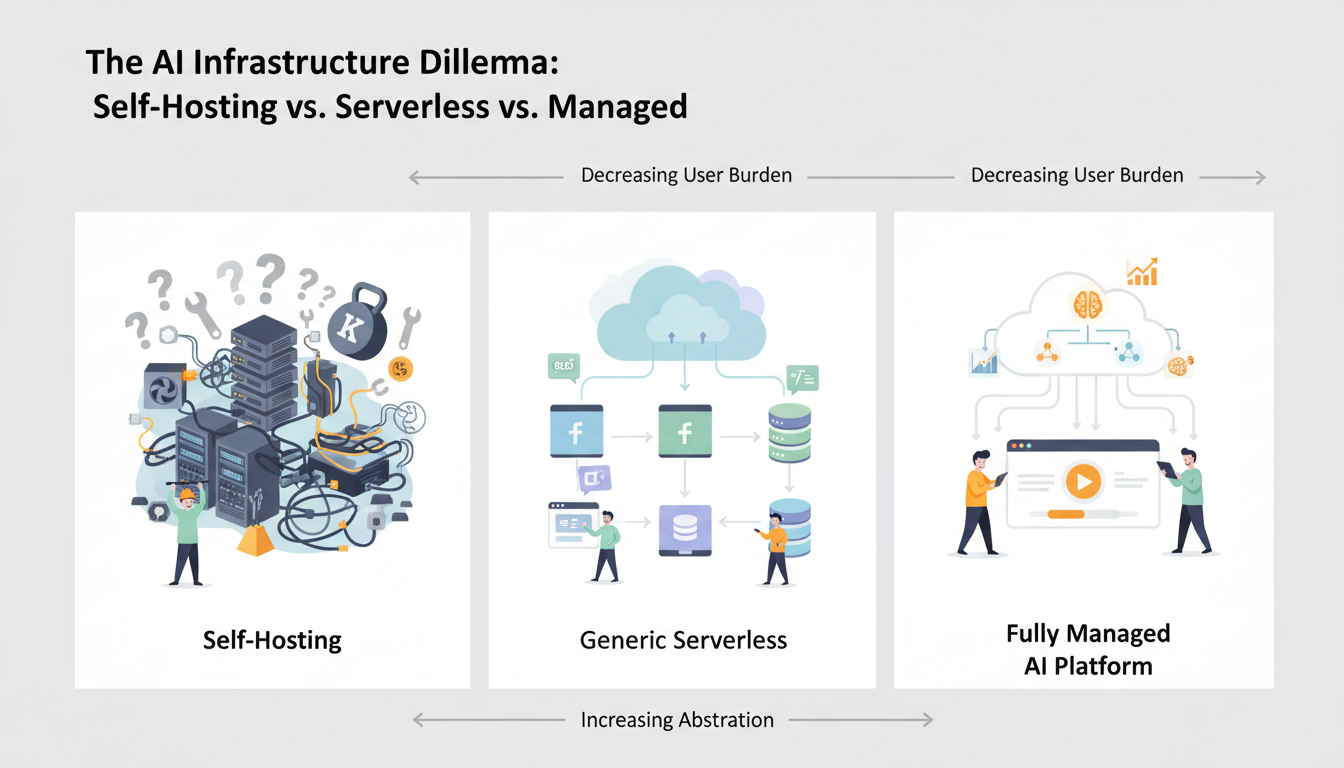 Infographic comparing self-hosting, generic serverless AI, and fully managed AI platforms, highlighting the reduced complexity and increased focus on AI development with managed solutions.