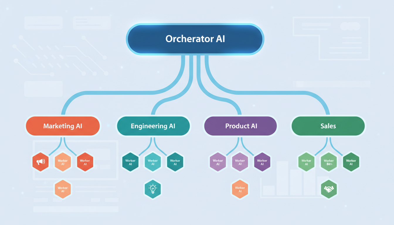 Conceptual diagram of an AI Operating System showing a master orchestrator AI delegating tasks to specialized department AIs and worker AIs.