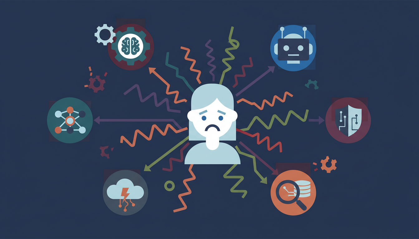 Diagram showing uncoordinated AI agents with broken communication lines, illustrating challenges in early AI workforce development.