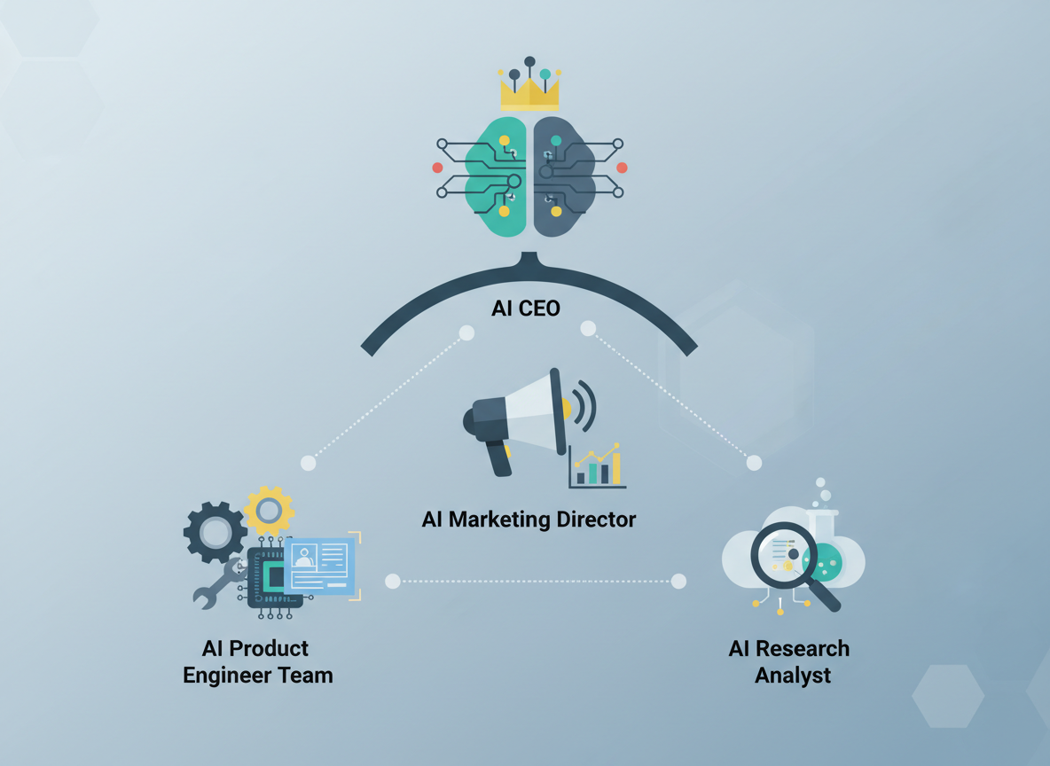 Organizational chart depicting an autonomous AI workforce with roles like AI CEO, AI Marketing Director, AI Engineers, and AI Researchers, showing their collaborative structure.