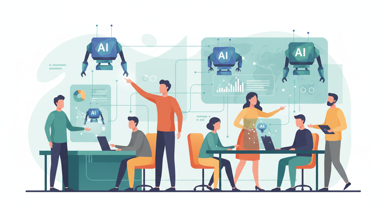 An illustration depicting human employees working alongside various AI agents, symbolizing the integrated AI workforce of the future in a collaborative and efficient environment.